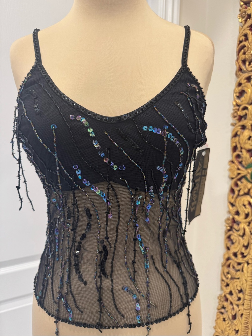 Black Sequin & iridescent hand Beaded stretch Mesh Camisole beaded‎ straps